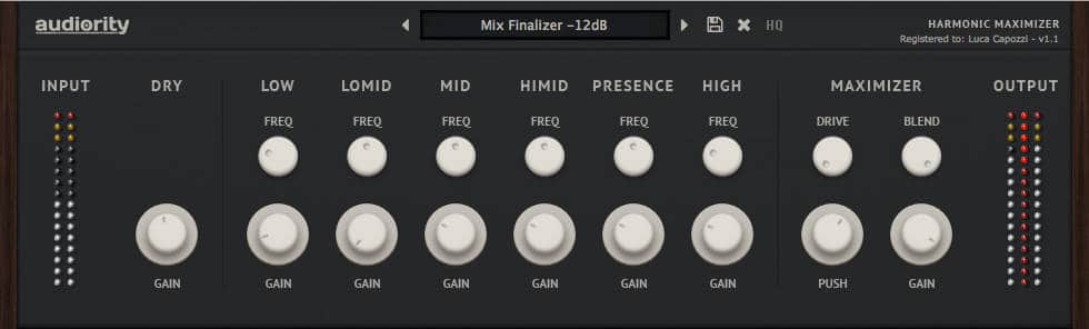 Audiority Harmonic Maximizer features a clean, modern-looking GUI.
