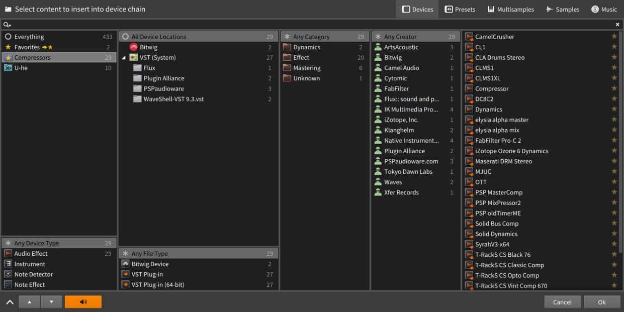 New pop-up browser panel in Bitwig 1.2.
