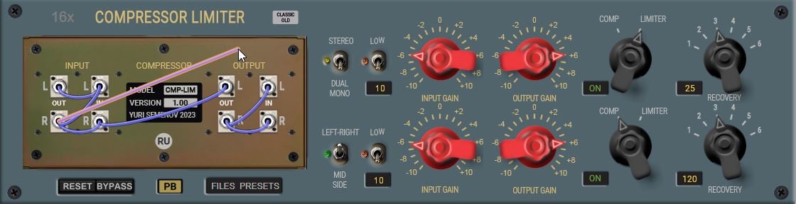 The plugin includes a patchbay section on the virtual back panel.