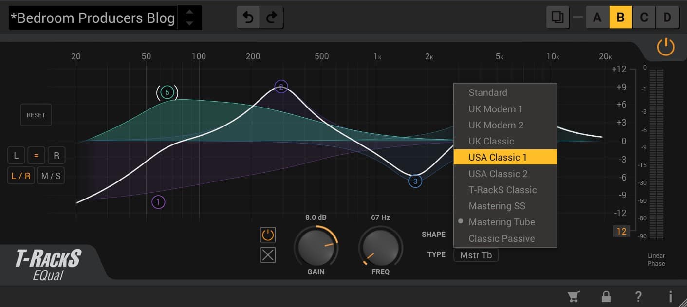 Multiple filter shapes and EQ modes are available for each band.