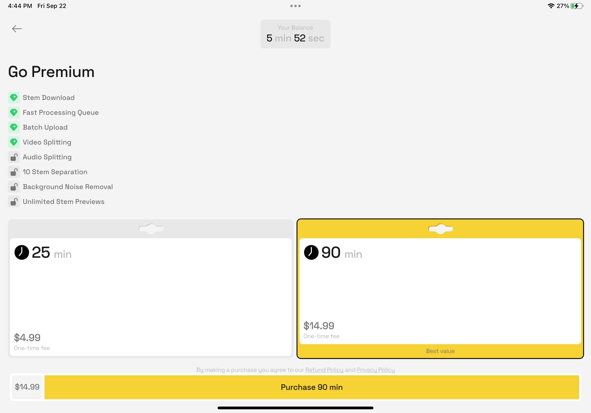 The in-app purchase options in LALAL.AI.