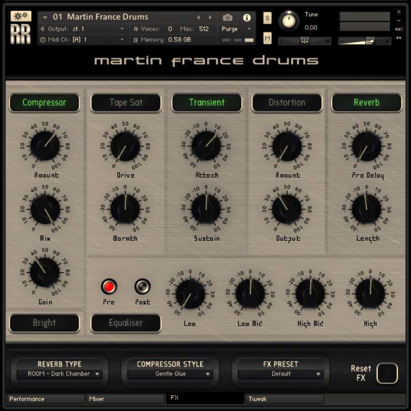 The FX panel provides hands-on control over the built-in effects.