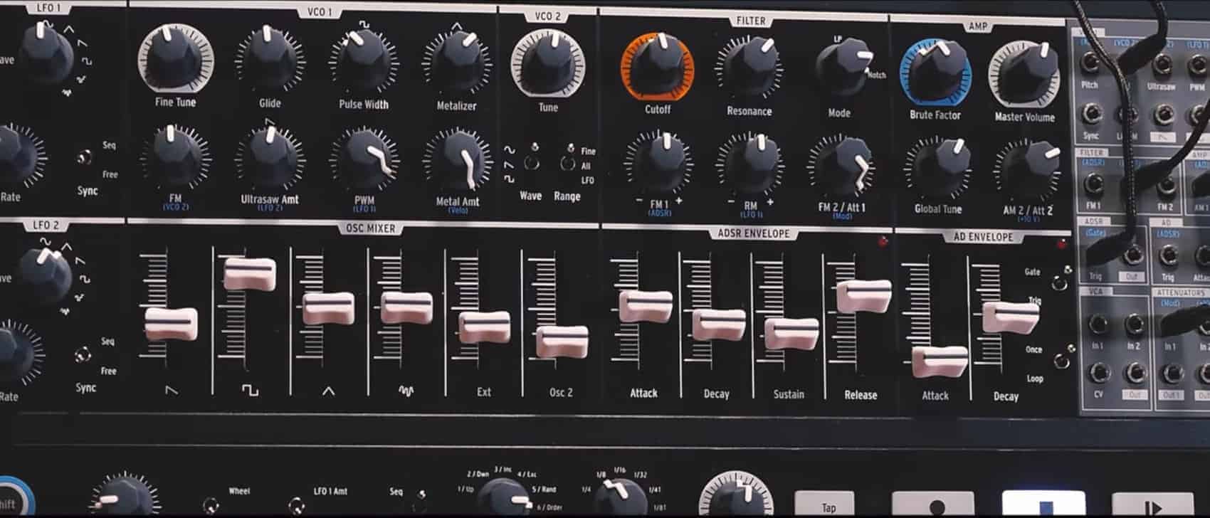 A closer look at the new MiniBrute 2 front panel.