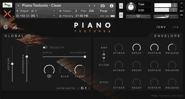 Piano Textures by Sonixinema comes with a custom front panel for Kontakt.