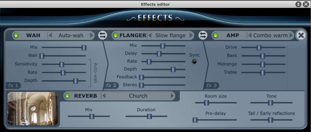 The effects panel in Pianoteq 5.