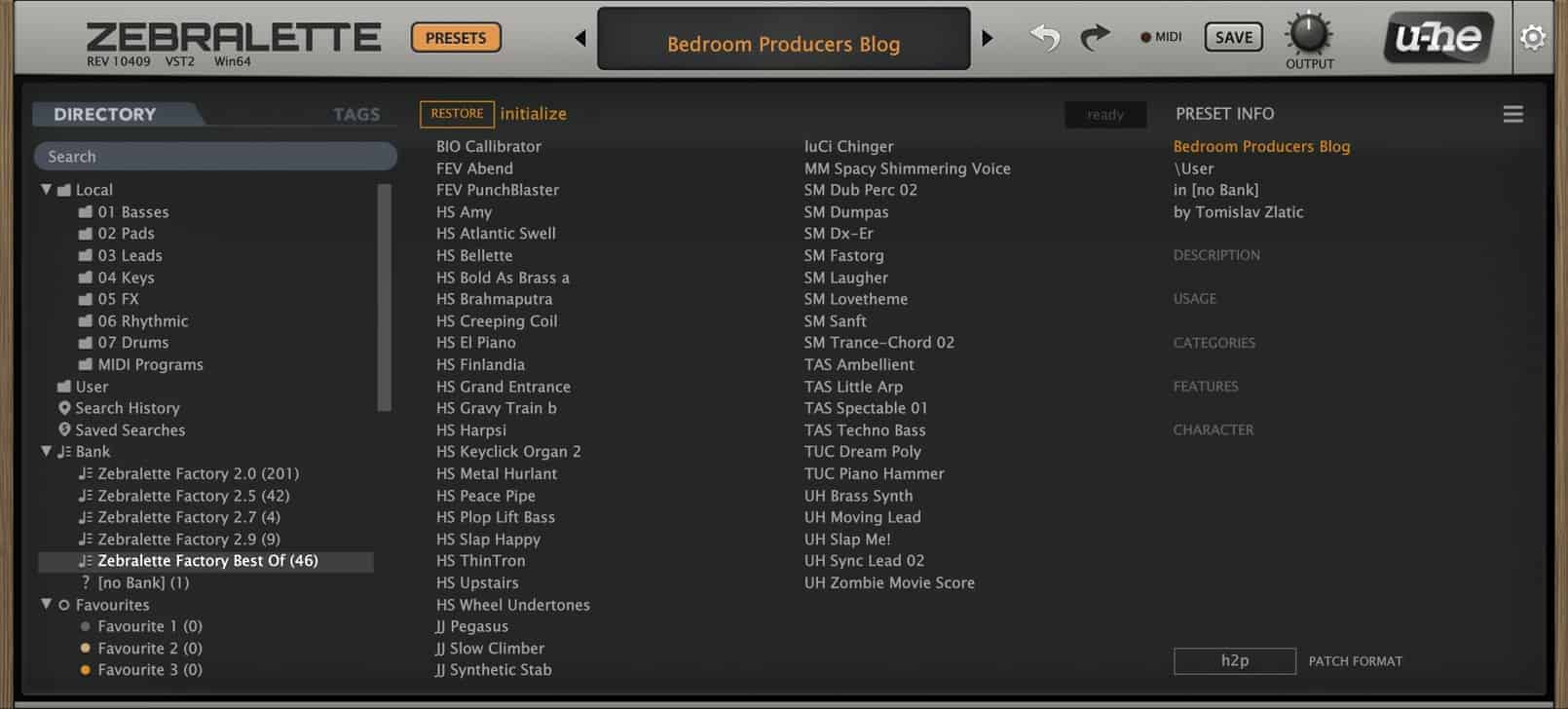 The new and improved preset manager in Zebralette.