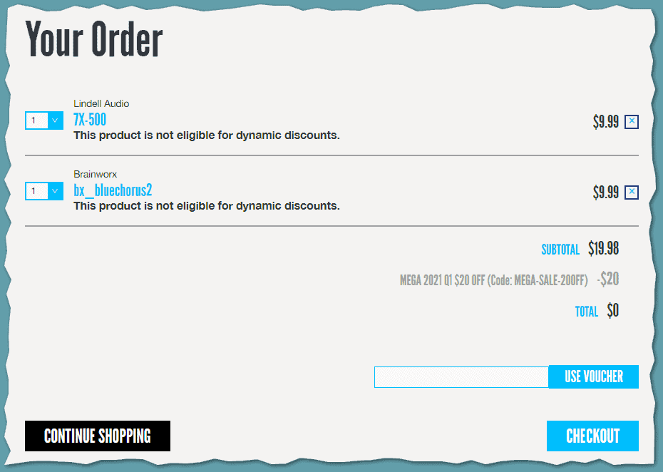 Shopping cart with the MEGA-SALE-20OFF voucher code applied.