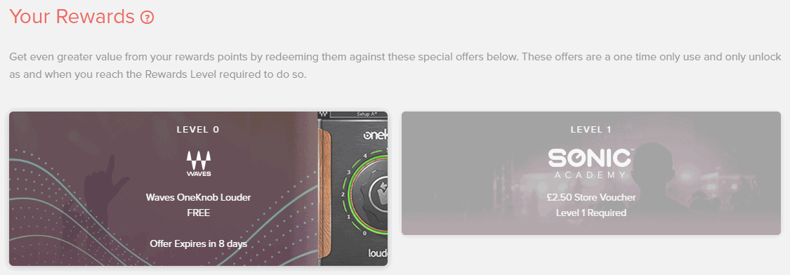 The Waves OneKnob Louder license in the rewards section.